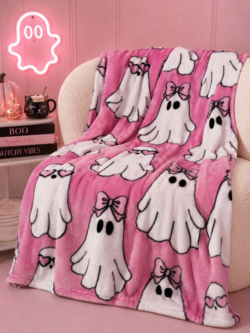 Betsey Johnson Pink Ghost Plush Throw Blanket 50x70 Halloween Pinkoween NWT